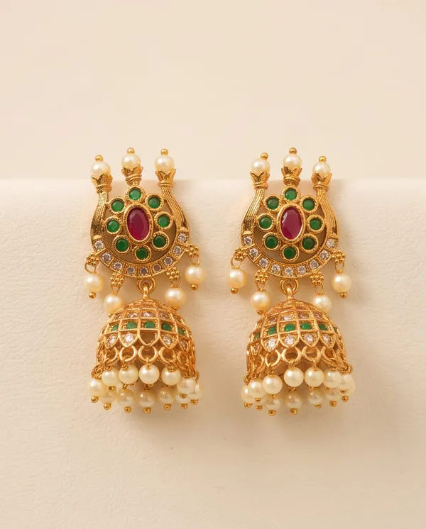 Gold_Alloy_Green_Pink_Pearl_Designer_Jhumka_Earrings_For_Women