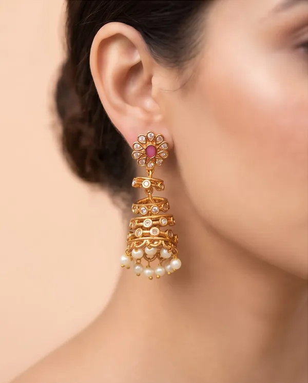Gold_Alloy_Layered_Pink_Stone_Pearl_Drop_Jhumka_Earrings_For_Women