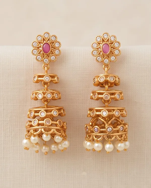 Gold_Alloy_Layered_Pink_Stone_Pearl_Drop_Jhumka_Earrings_For_Women