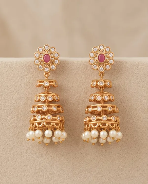 Gold_Alloy_Layered_Pink_Stone_Pearl_Drop_Jhumka_Earrings_For_Women