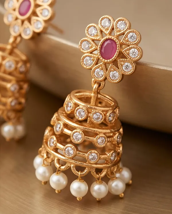 Gold_Alloy_Layered_Pink_Stone_Pearl_Drop_Jhumka_Earrings_For_Women