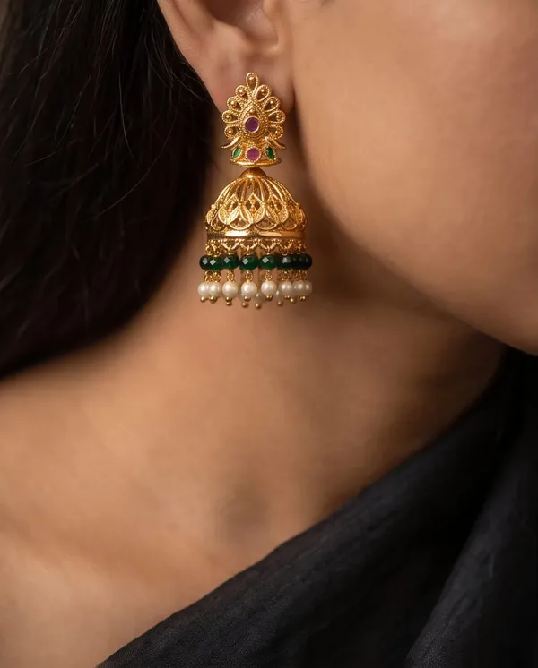 Gold_Alloy_Peacock_Green_Bead_Pearl_Drop_Jhumka_Earrings_For_Women