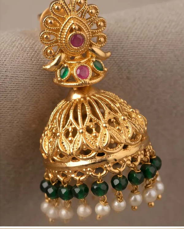Gold_Alloy_Peacock_Green_Bead_Pearl_Drop_Jhumka_Earrings_For_Women