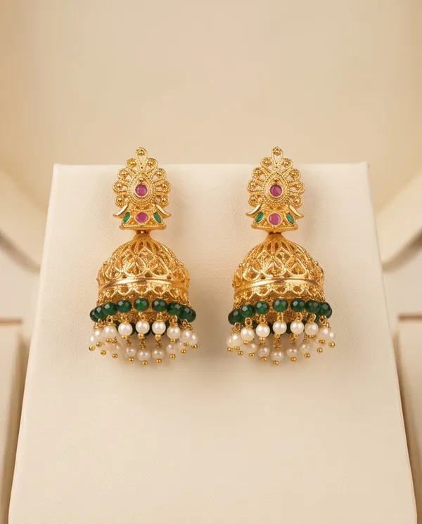Gold_Alloy_Peacock_Green_Bead_Pearl_Drop_Jhumka_Earrings_For_Women