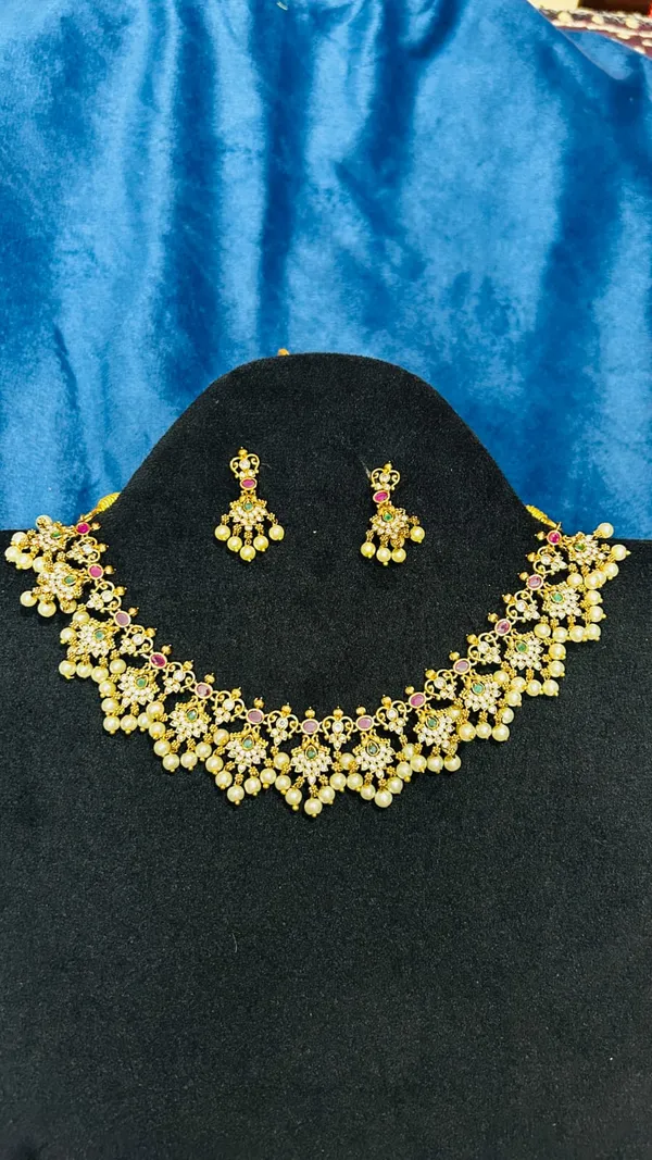 Gold_Alloy_Pink_Green_Stone_Pearl_Drop_Necklace_Set_For_Women