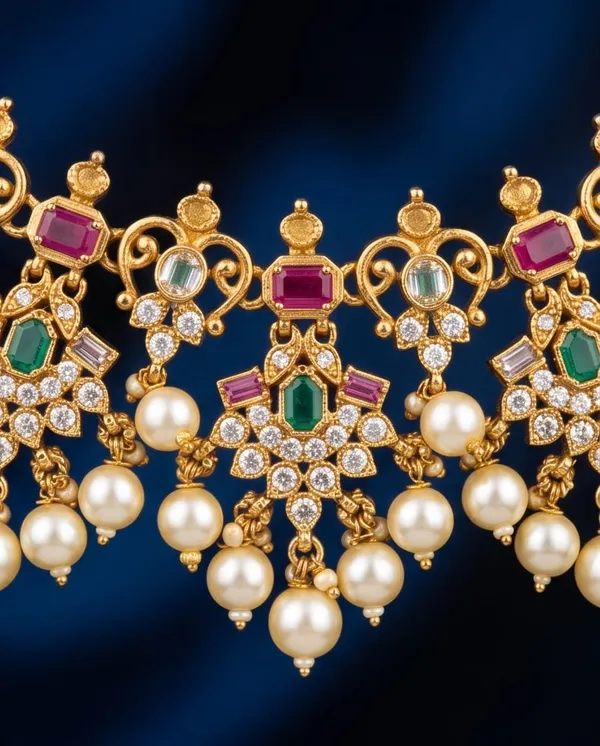 Gold_Alloy_Pink_Green_Stone_Pearl_Drop_Necklace_Set_For_Women