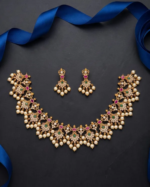 Gold_Alloy_Pink_Green_Stone_Pearl_Drop_Necklace_Set_For_Women