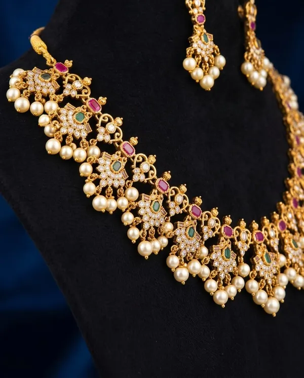 Gold_Alloy_Pink_Green_Stone_Pearl_Drop_Necklace_Set_For_Women