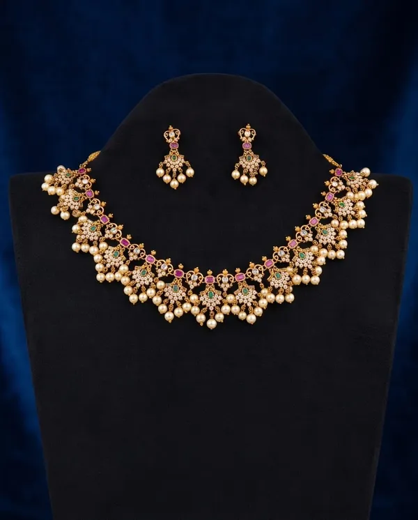 Gold_Alloy_Pink_Green_Stone_Pearl_Drop_Necklace_Set_For_Women