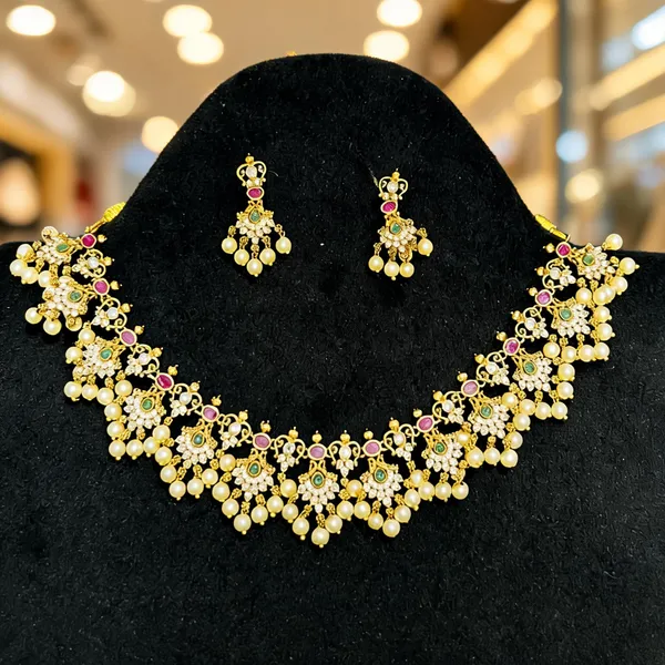 Gold_Alloy_Pink_Green_Stone_Pearl_Drop_Necklace_Set_For_Women