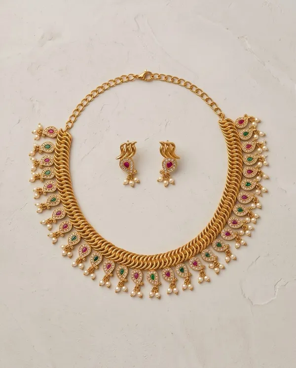 Gold_Alloy_Peacock_Motif_Necklace_Set_For_Women