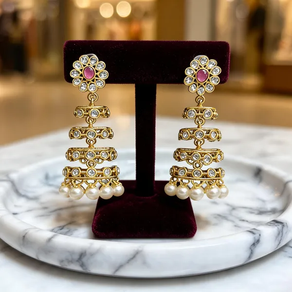 Gold_Alloy_Ruby_Pink_Stone_Floral_Jhumka_Earrings_For_Women