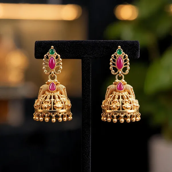 Gold_Alloy_Pink_Green_Stone_Peacock_Jhumka_Earrings_For_Women