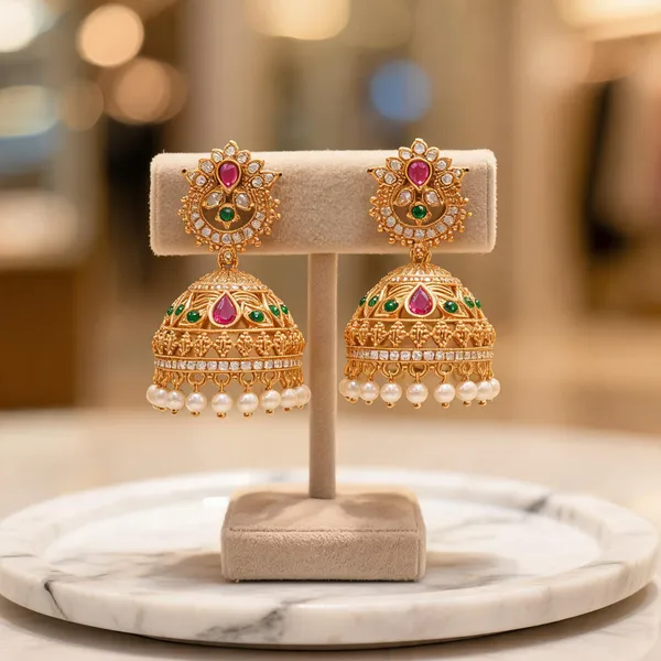 Gold_Alloy_Pink_Green_Stone_Floral_Jhumka_Earrings_For_Women