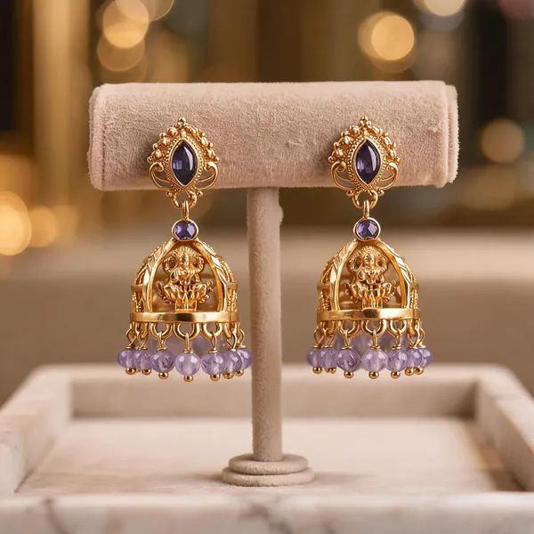Gold_Alloy_Ganesha_Motif_Lavender_Bead_Jhumka_Earrings_For_Women