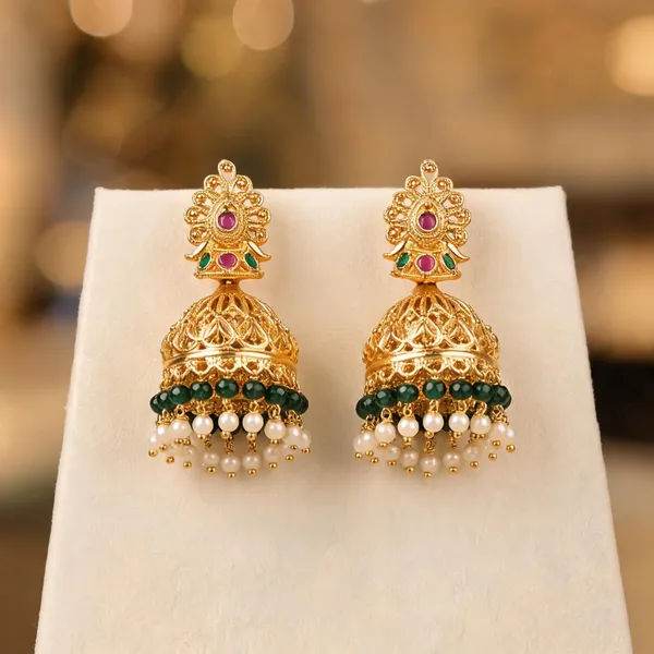 Gold_Alloy_Peacock_Green_Bead_Pearl_Drop_Jhumka_Earrings_For_Women