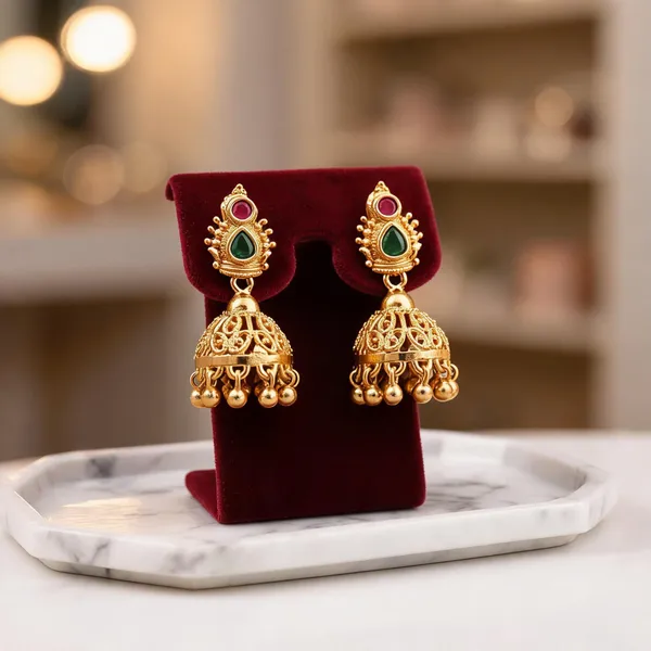 Gold_Alloy_Pink_Green_Stone_Designer_Jhumka_Earrings_For_Women