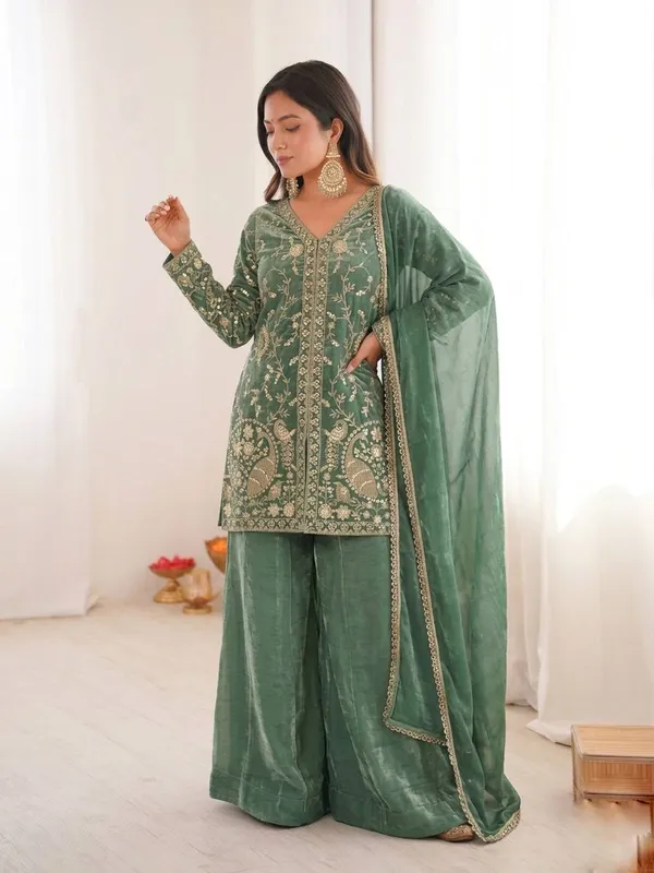 Green_Velvet_Embroidered_Sharara_Suit_Set_for_Women