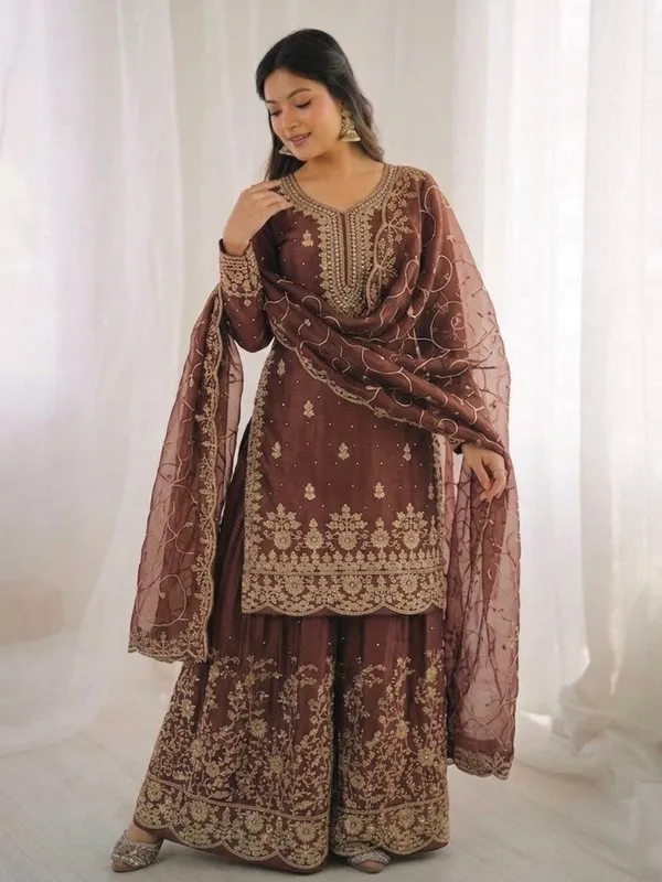 Brown_Embroidered_Sharara_Set_With_Dupatta_For_Women