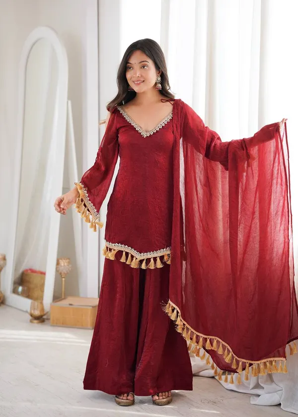 Maroon_Embellished_Kurta_Palazzo_Set_For_Women