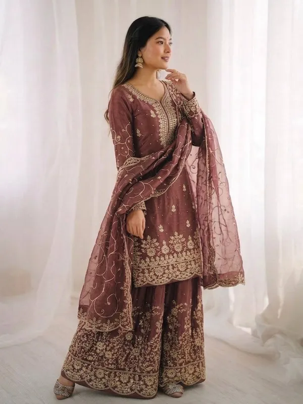Brown_Embroidered_Sharara_Set_With_Dupatta_For_Women