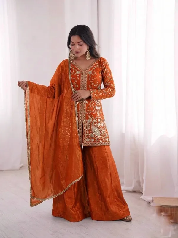 Orange_Embroidered_Sharara_Set_For_Women