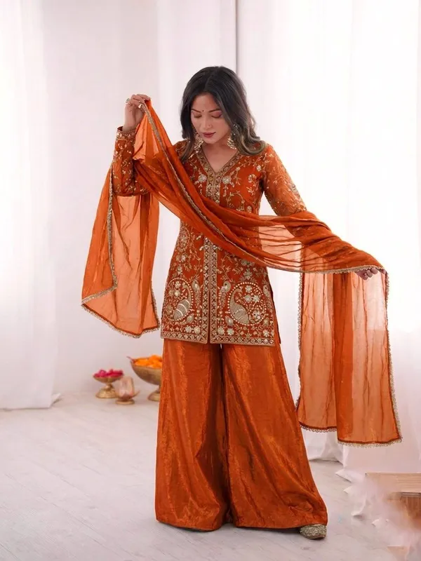 Orange_Embroidered_Sharara_Set_For_Women