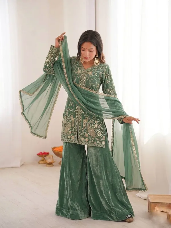 Green_Velvet_Embroidered_Sharara_Suit_Set_for_Women