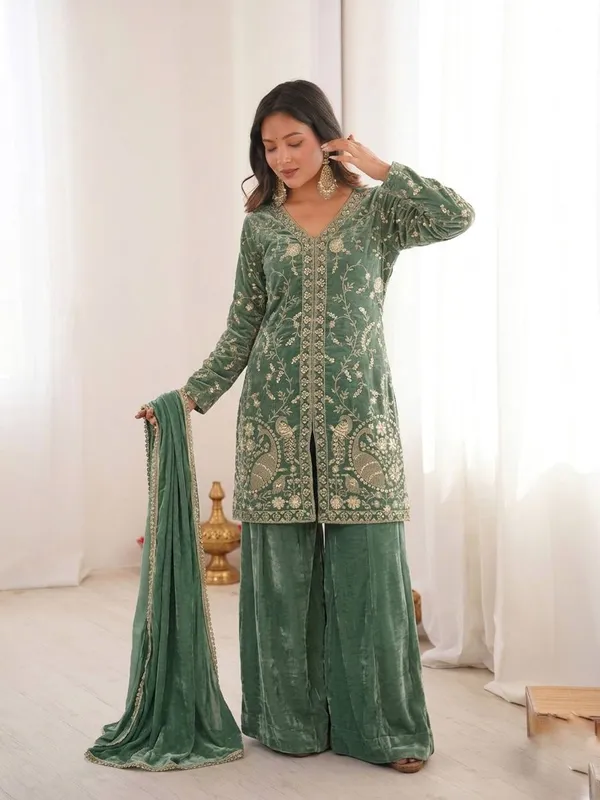 Green_Velvet_Embroidered_Sharara_Suit_Set_for_Women