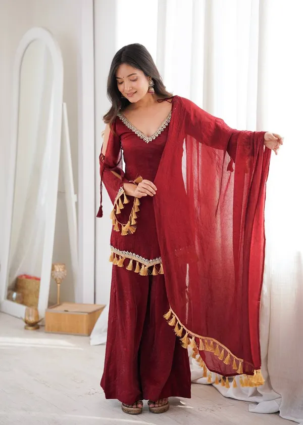 Maroon_Embellished_Kurta_Palazzo_Set_For_Women