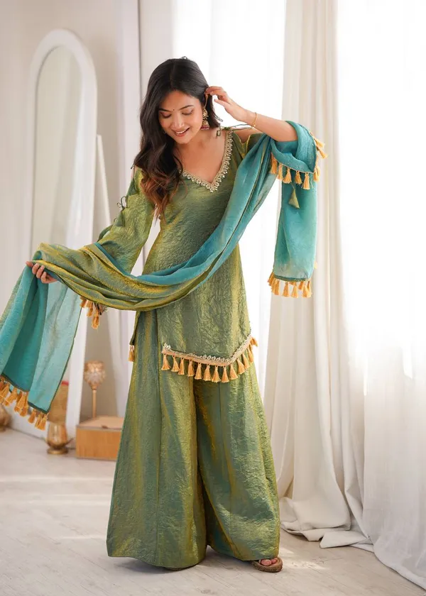 Green_Textured_Straight_Kurta_Palazzo_Set_For_Women