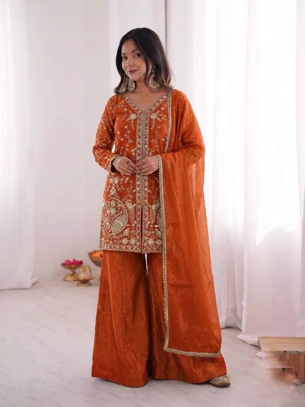 Orange_Embroidered_Sharara_Set_For_Women