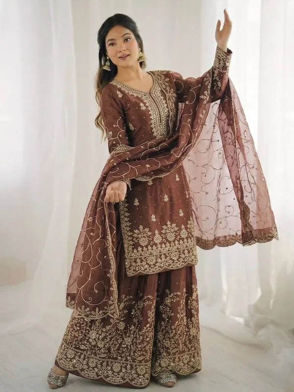 Brown_Embroidered_Sharara_Set_With_Dupatta_For_Women