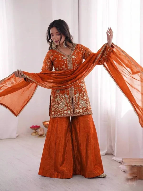 Orange_Embroidered_Sharara_Set_For_Women