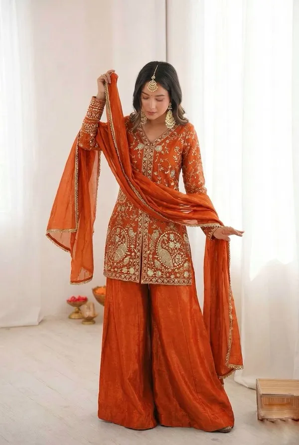 Orange_Embroidered_Sharara_Set_For_Women