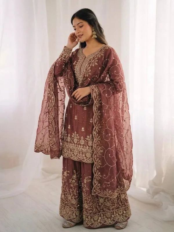 Brown_Embroidered_Sharara_Set_With_Dupatta_For_Women