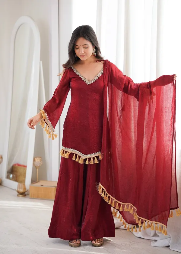 Maroon_Embellished_Kurta_Palazzo_Set_For_Women