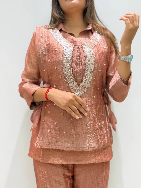 Peach_Textured_Straight_Kurta_Set_For_Women