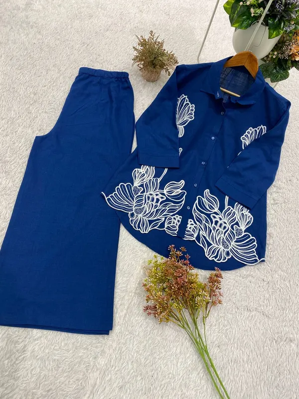 Women’s_Royal_Blue_Embroidered_Kurta_Pant_Set_|_Shirt_Style_Kurti_with_Straight_Pants