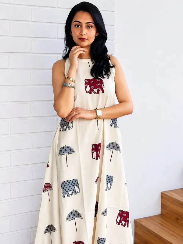 Cream_Rayon_Sleeveless_Elephant_&_Umbrella_Print_Maxi_Dress_For_Women