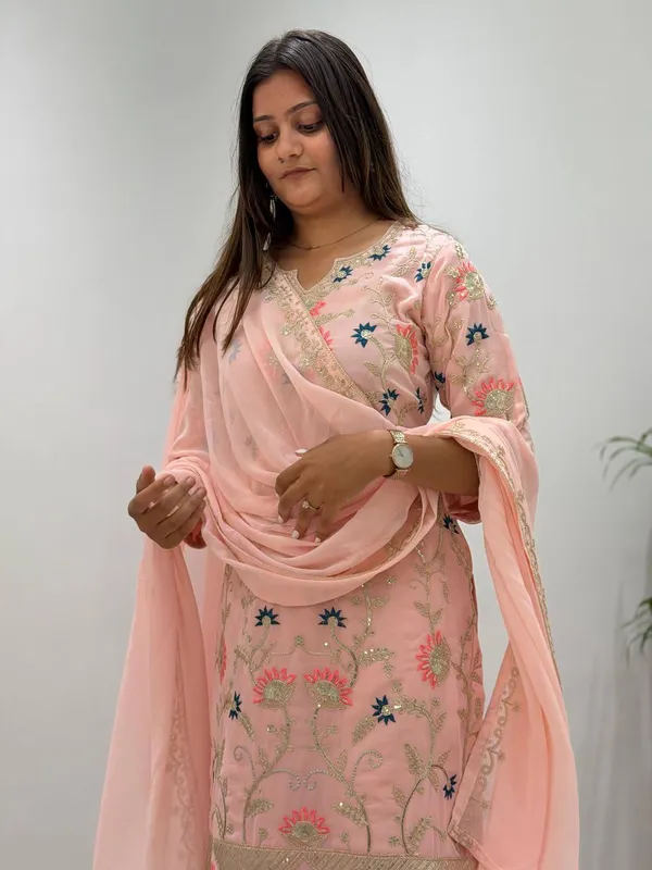 Peach_Embroidered_Three_Piece_Kurta_Set_For_Women