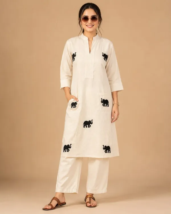 Cream_Cotton_Elephant_Print_Kurta_Set_For_Women