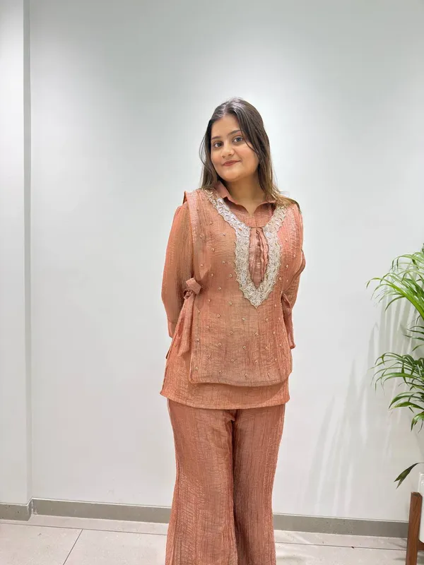 Peach_Textured_Straight_Kurta_Set_For_Women