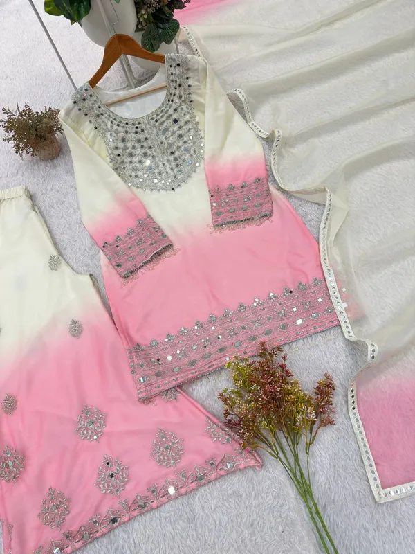 White_And_Pink_Embellished_Ethnic_Suit_Set_For_Women