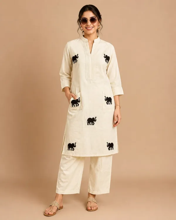 Cream_Cotton_Elephant_Print_Kurta_Set_For_Women