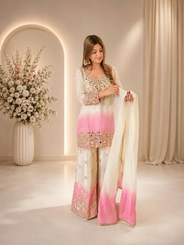 White_And_Pink_Embellished_Ethnic_Suit_Set_For_Women
