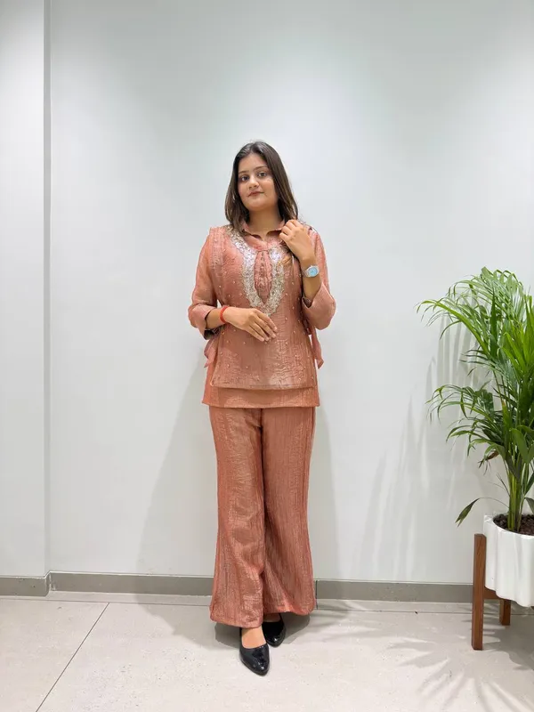 Peach_Textured_Straight_Kurta_Set_For_Women