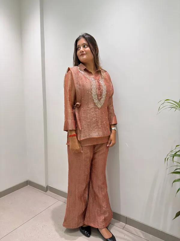Peach_Textured_Straight_Kurta_Set_For_Women
