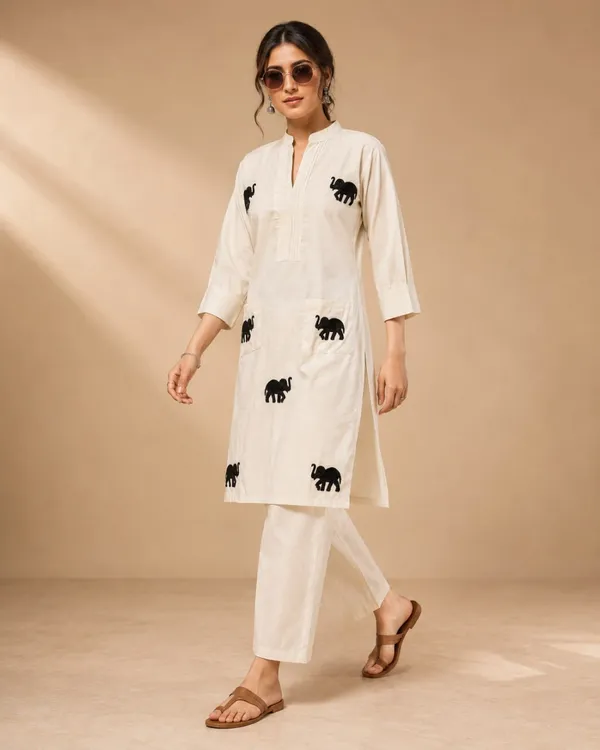 Cream_Cotton_Elephant_Print_Kurta_Set_For_Women