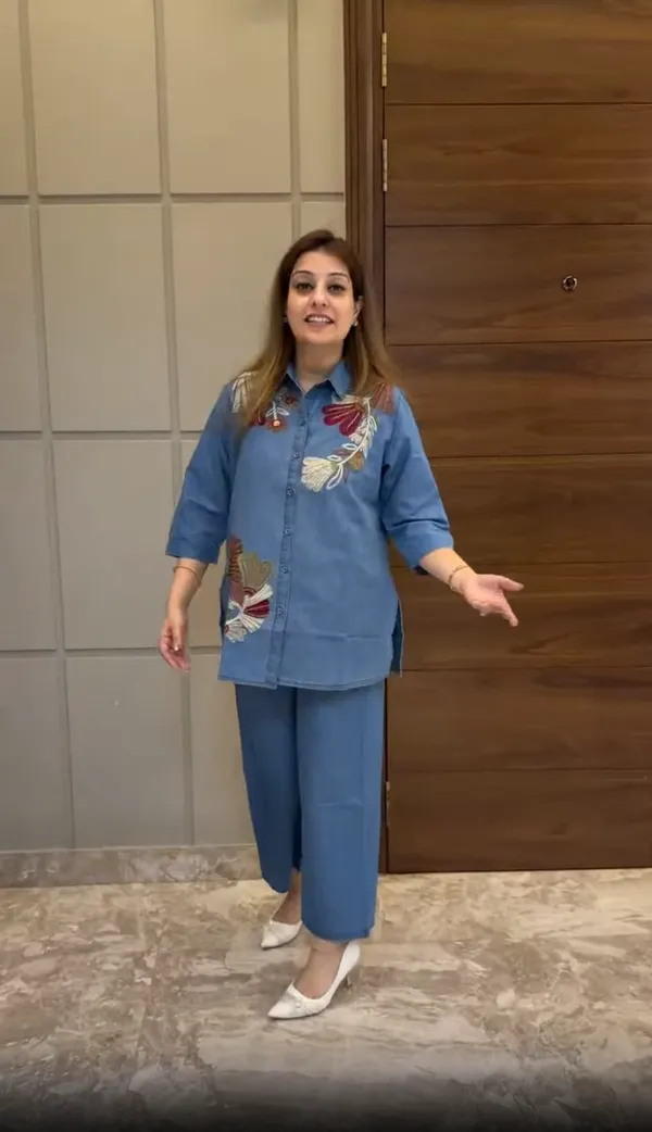 Blue_Cotton_Denim_Straight_Embroidered_Kurta_Set_For_Women